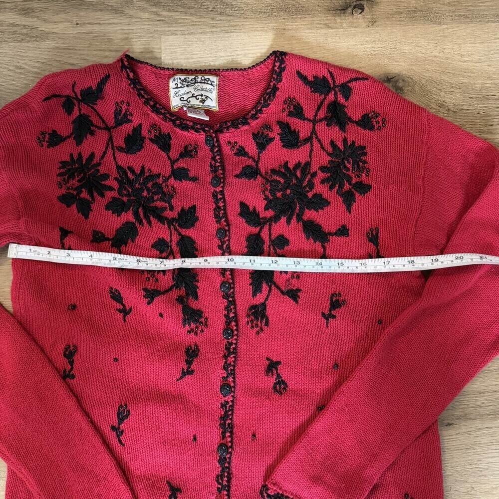 Vintage Style Red Beaded Floral Cardigan Heirloom Collectibles M - Picture 5 of 12